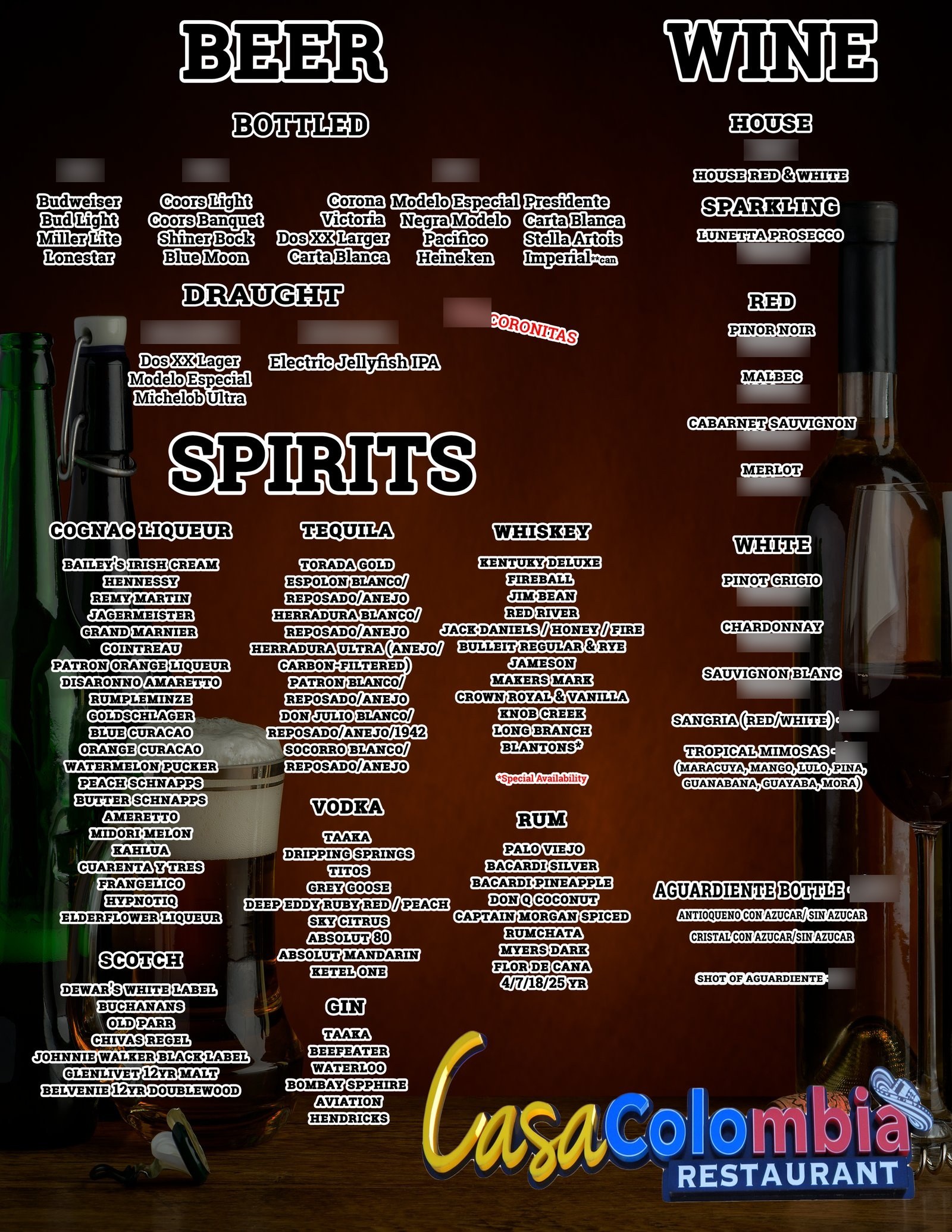 Casa Colombia beer and wine menu