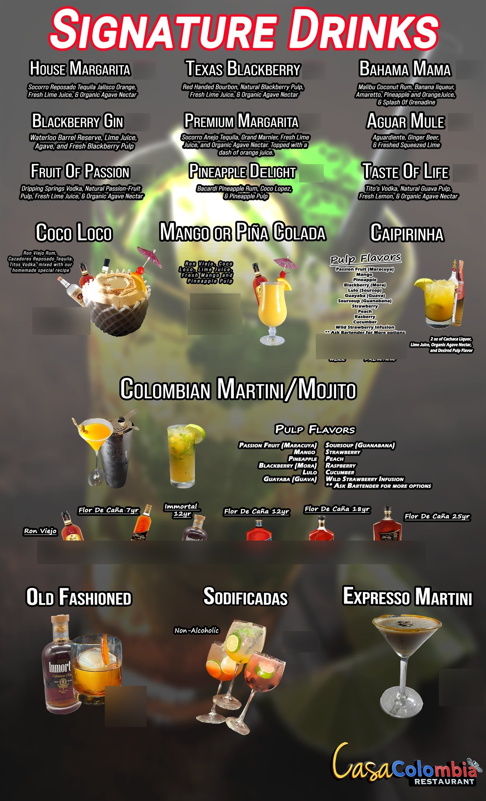 Casa Colombia signature cocktails menu