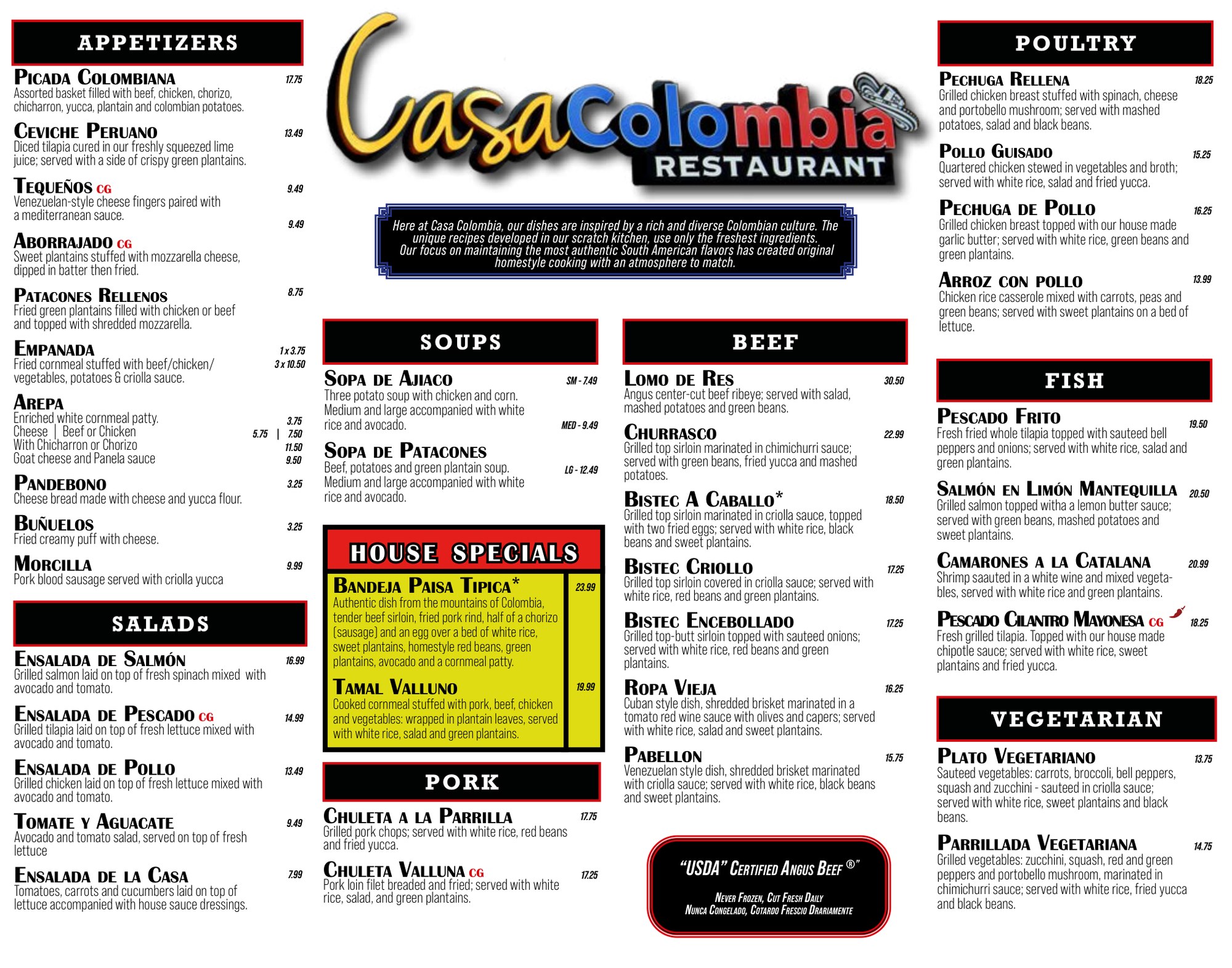 Casa Colombia dinner menu — front: appetizers, soups, salads, pork, beef, fish, poultry, vegetarian, house specials