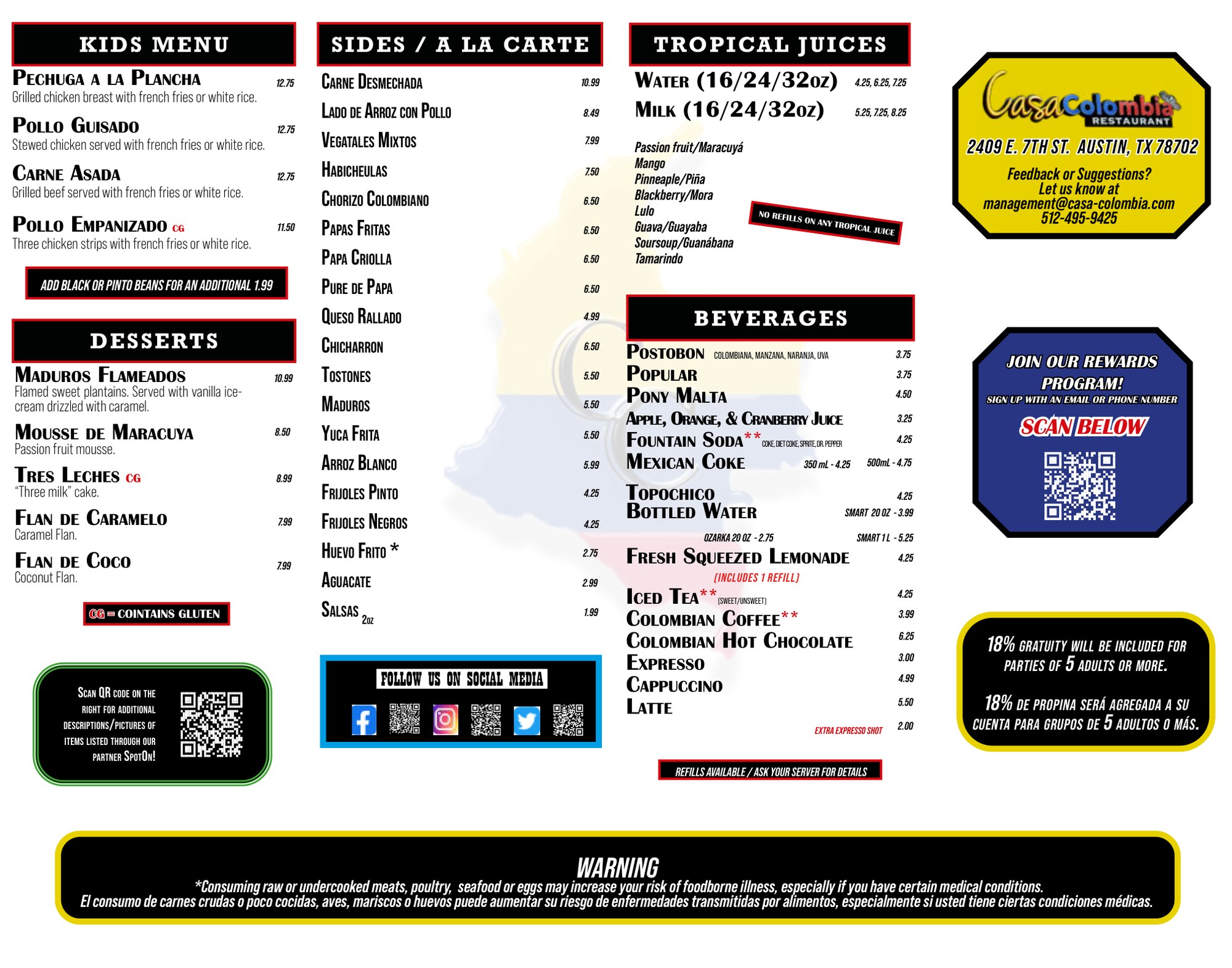 Casa Colombia dinner menu — back: kids menu, sides, tropical juices, desserts, beverages